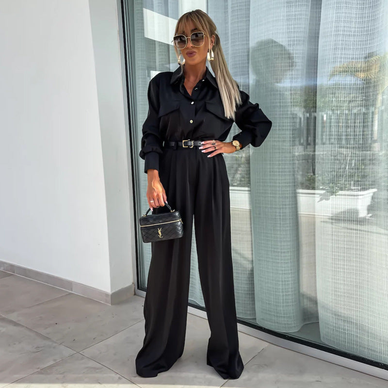 Long Sleeved Faux Pocket Trousers Two Piece Suit