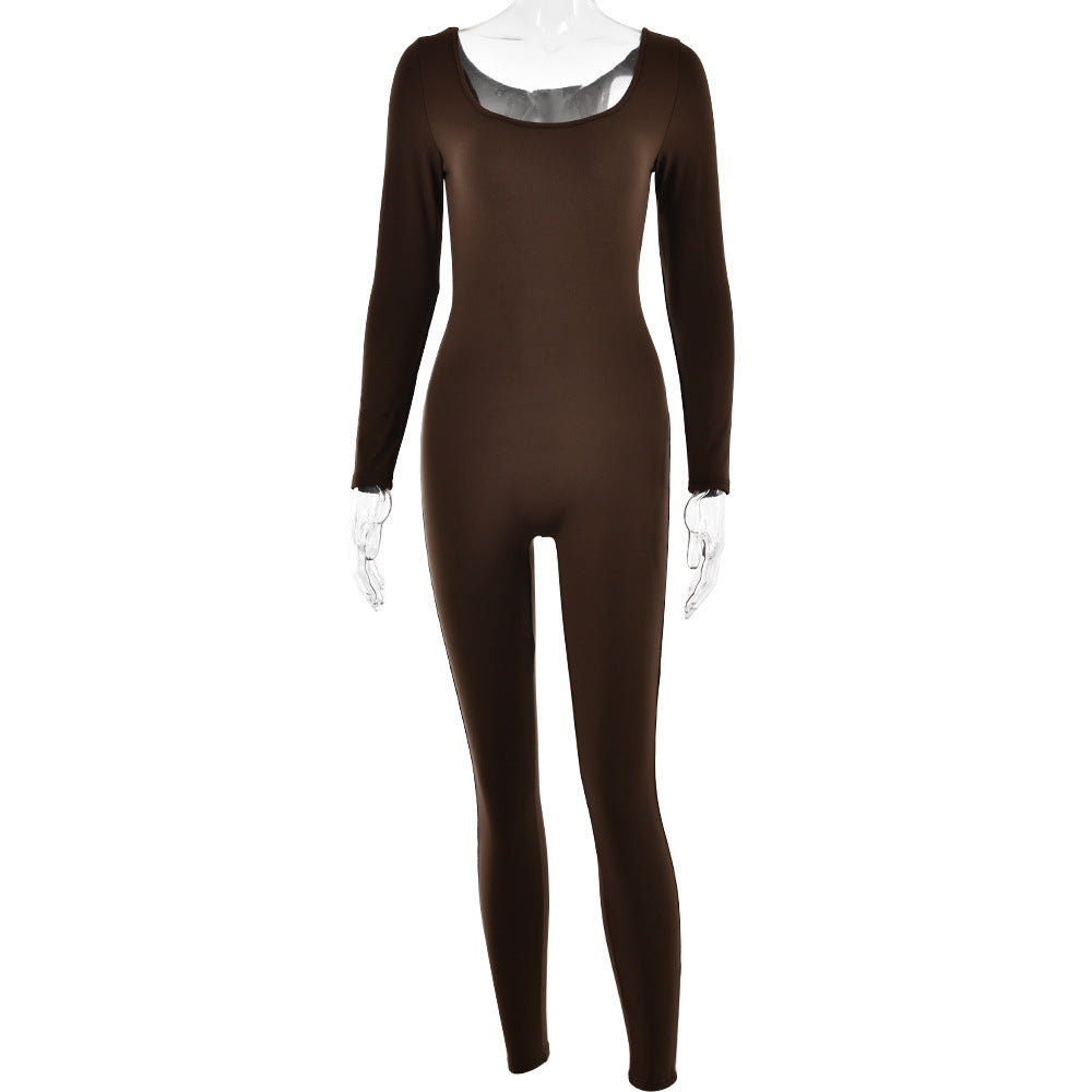 Soft High Elastic Long Sleeve U Collar Jumpsuit