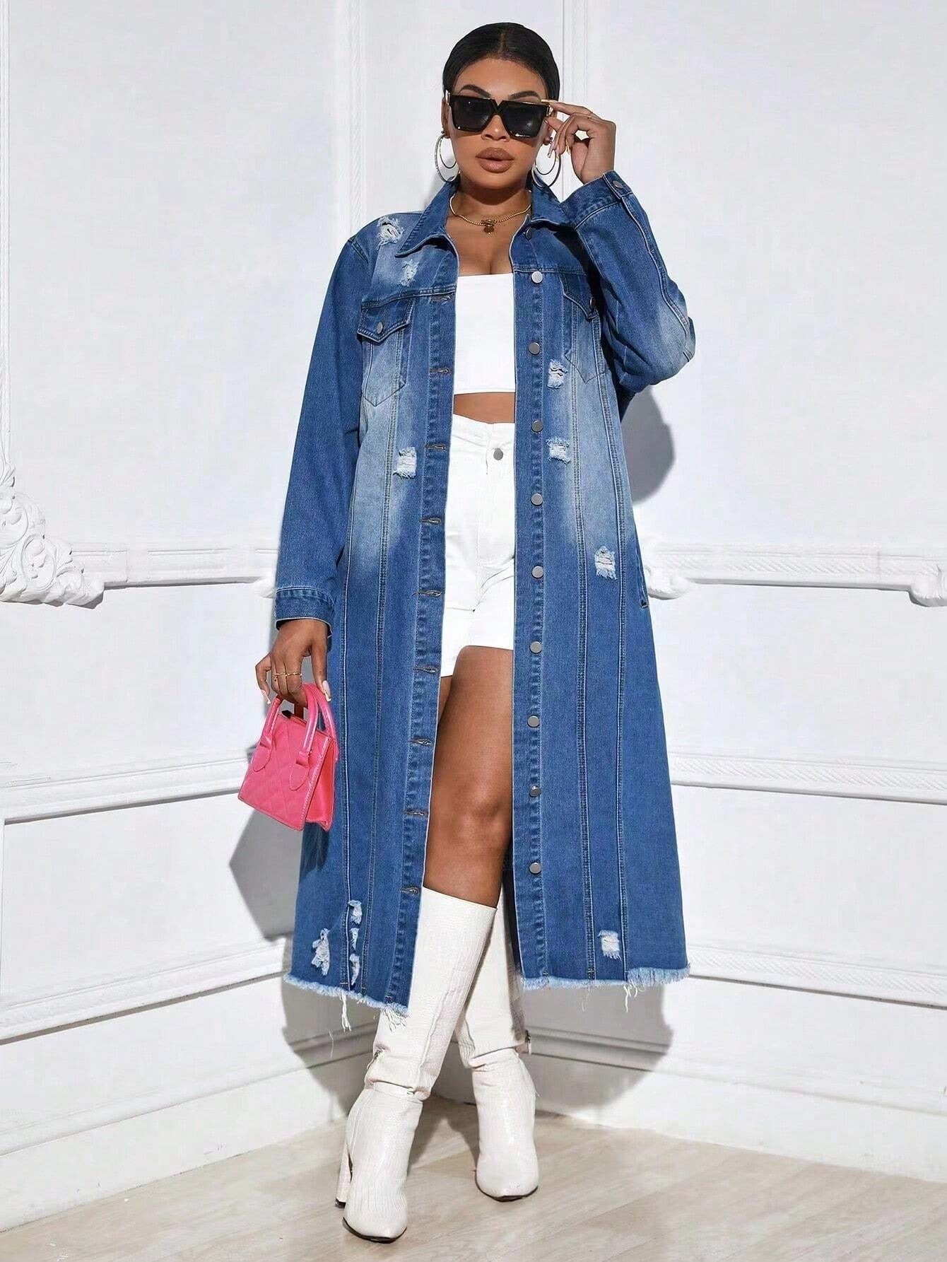 Ripped Long Sleeves Trench Denim