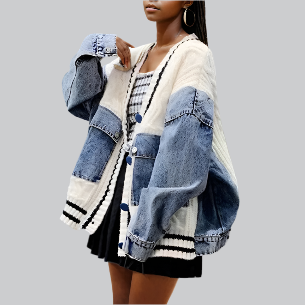 Denim Pockets Patchwork Knit Cardigan