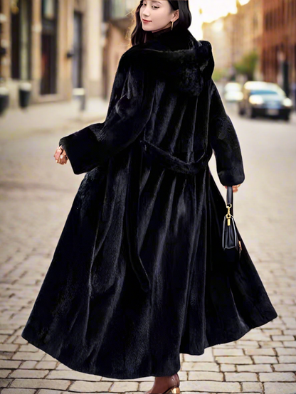 Faux Fur Hooded Coat With Belt