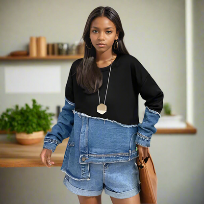 Denim Burr Split Asymmetrical Sweatshirt