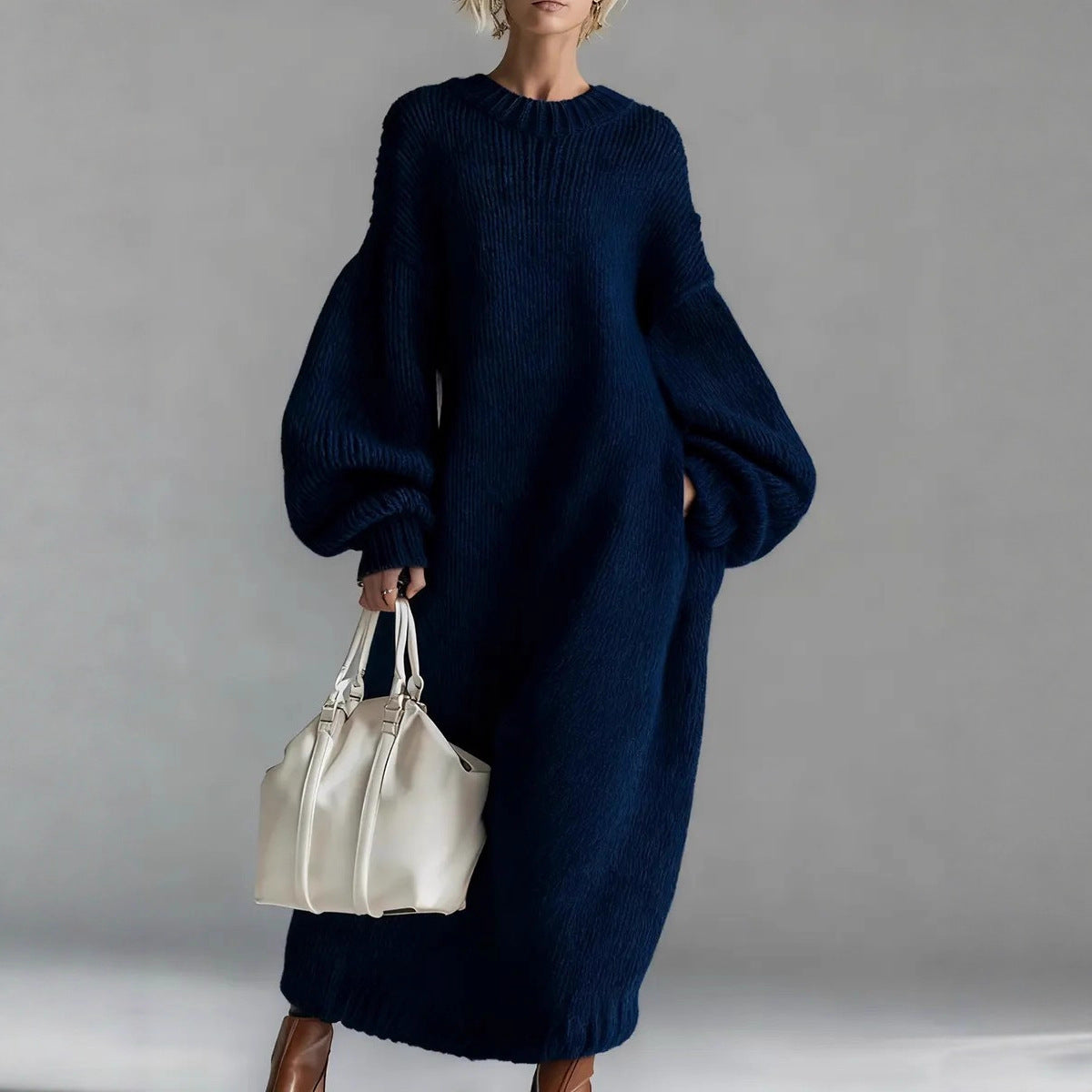 Round Neck Loose Lantern Sleeve Long Knitted Sweater Dress