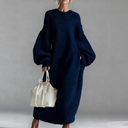 Round Neck Loose Lantern Sleeve Long Knitted Sweater Dress