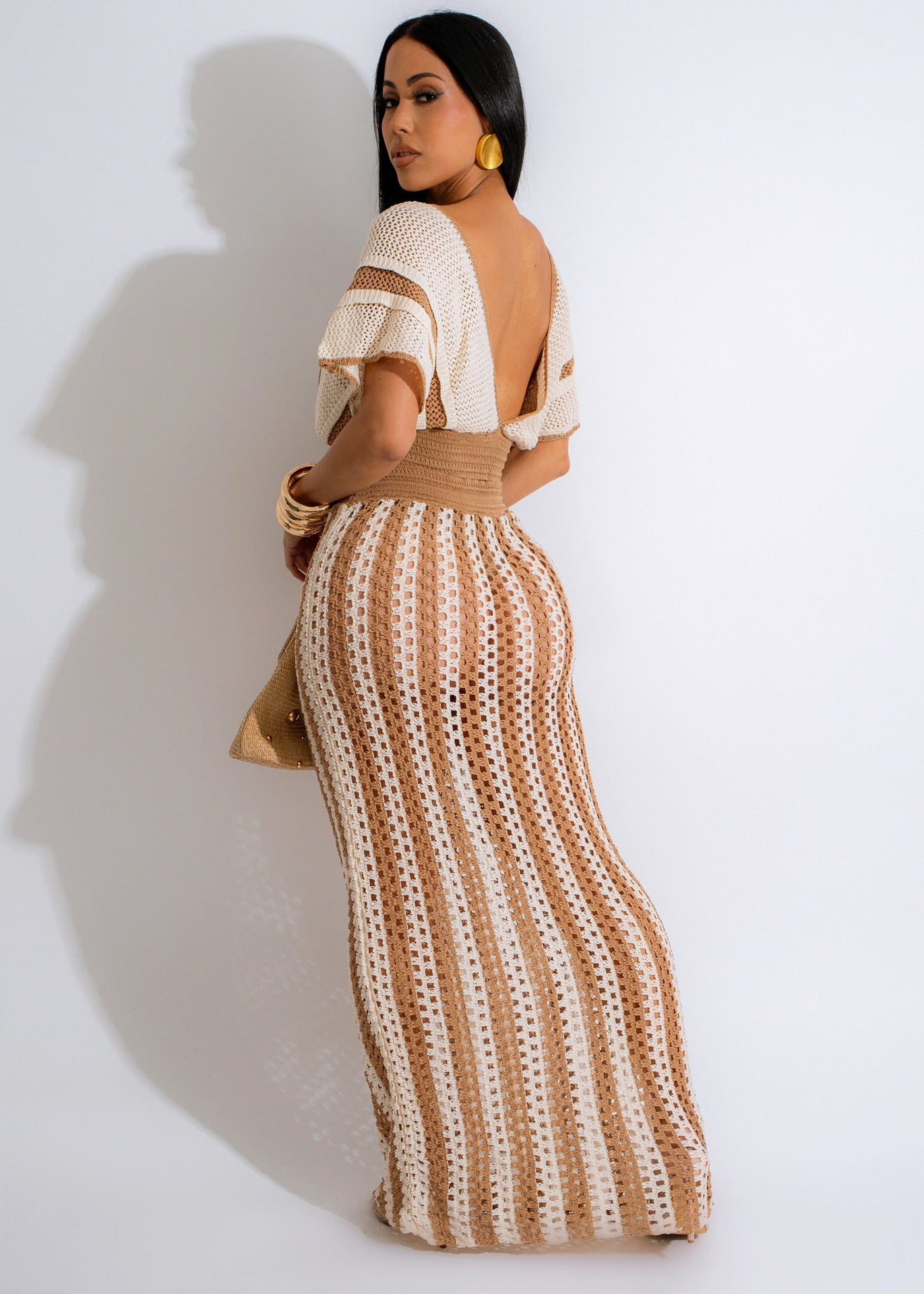 V Neck Hollow Out Striped Knitted Skirt Set