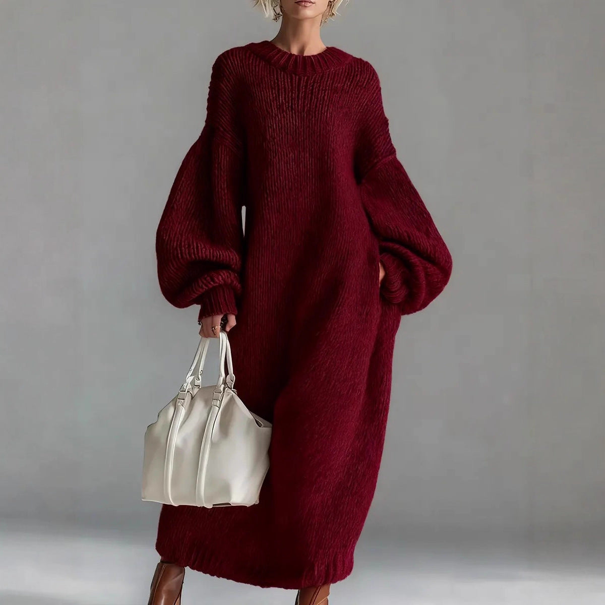 Round Neck Loose Lantern Sleeve Long Knitted Sweater Dress