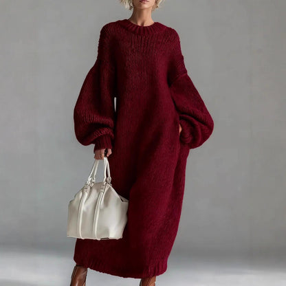 Round Neck Loose Lantern Sleeve Long Knitted Sweater Dress