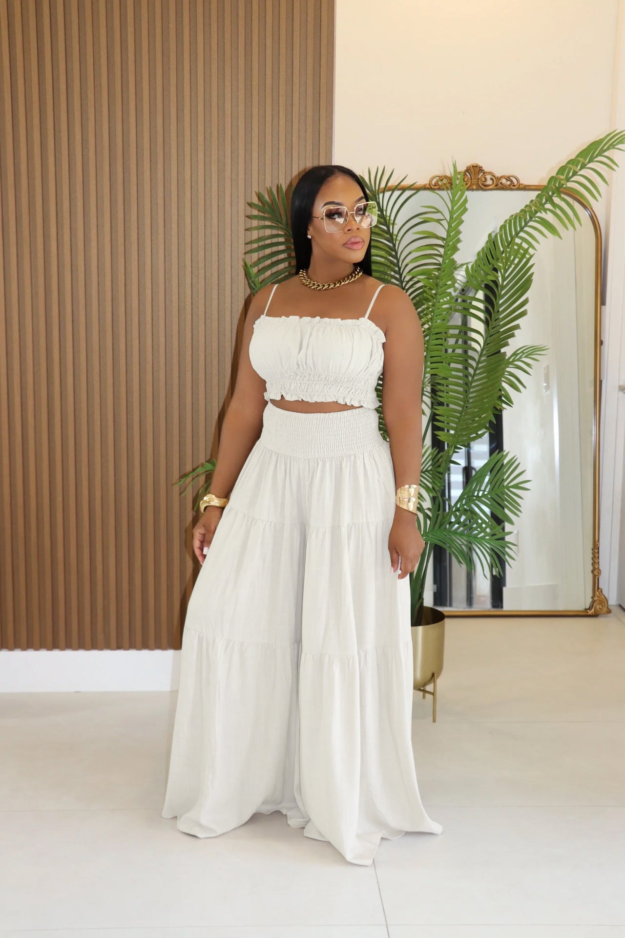 Summer Autumn plus Size Solid Color Suspender Top plus Loose Wide Leg Pants Two Piece Sets