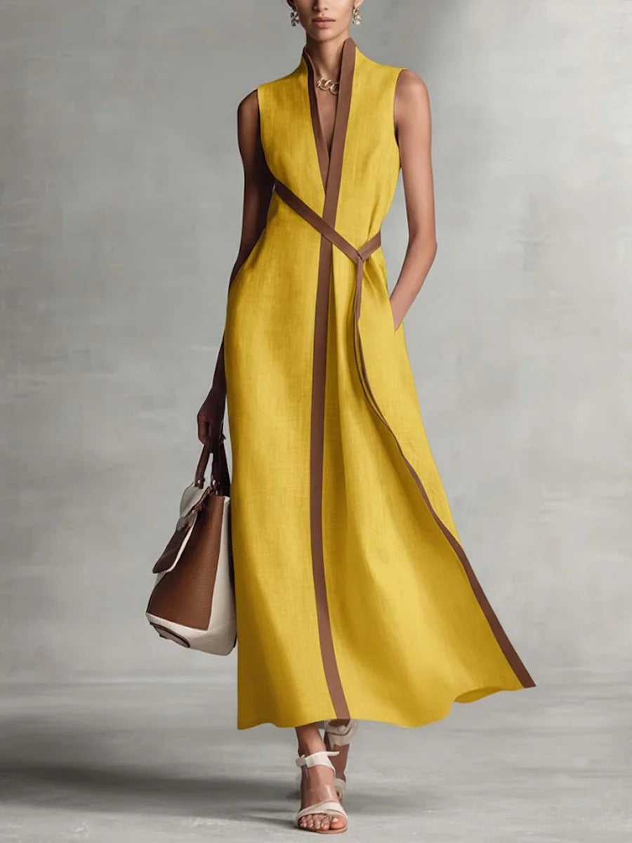 Sleeveless Stand Collar Cotton Linen Dress