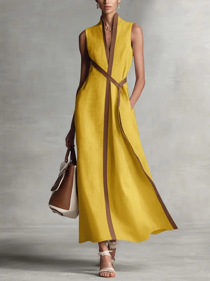 Sleeveless Stand Collar Cotton Linen Dress