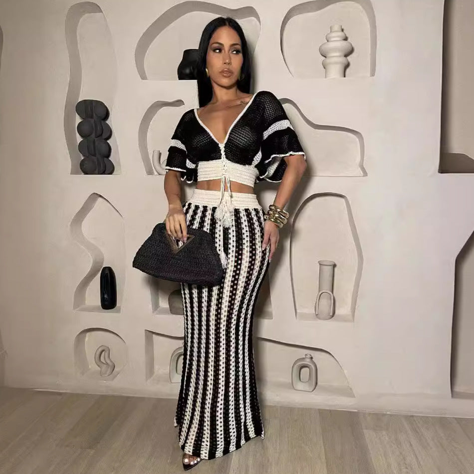 V Neck Hollow Out Striped Knitted Skirt Set