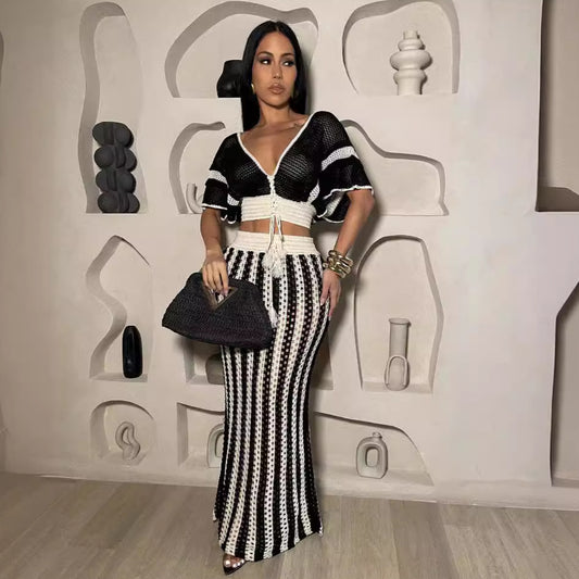 V Neck Hollow Out Striped Knitted Skirt Set