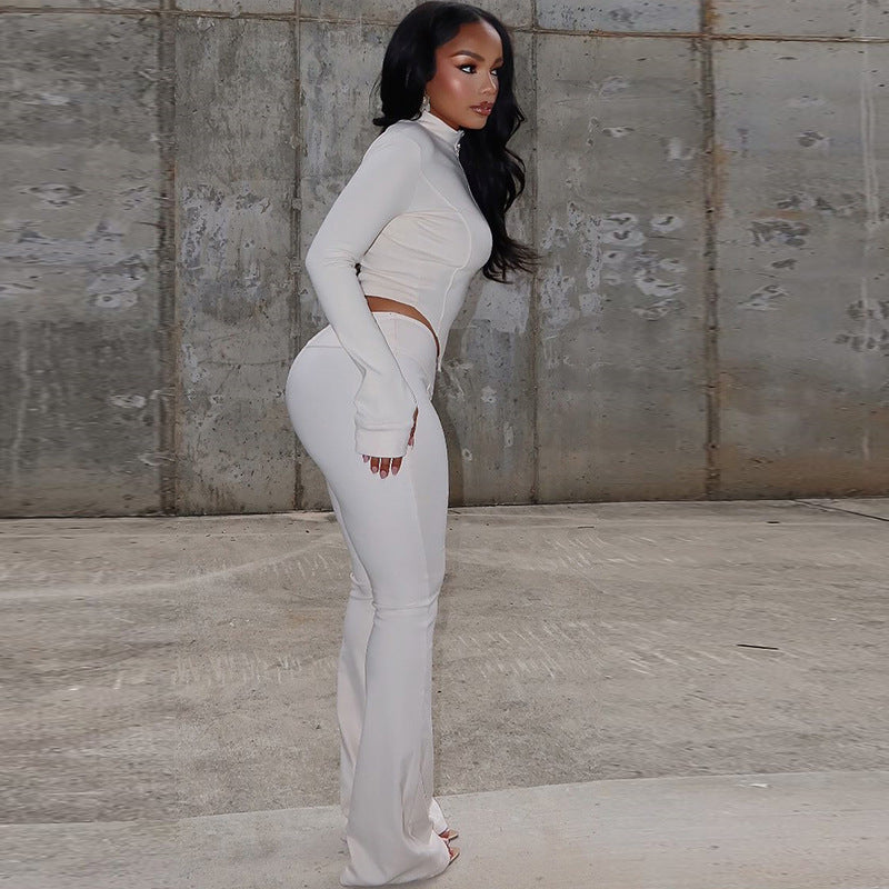 Cropped Pleated Long Sleeve Two Piece Set Trousers