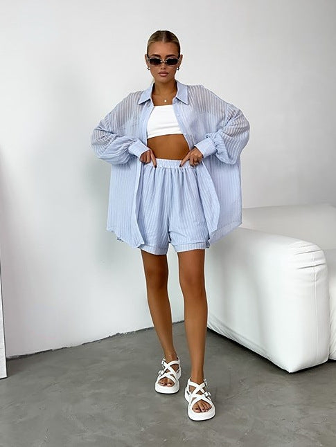 Long Sleeve Vertical Pattern Shirt Shorts Suit