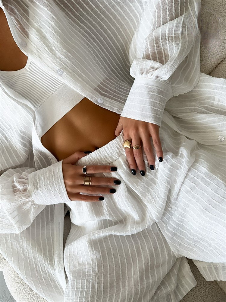 Long Sleeve Vertical Pattern Shirt Shorts Suit