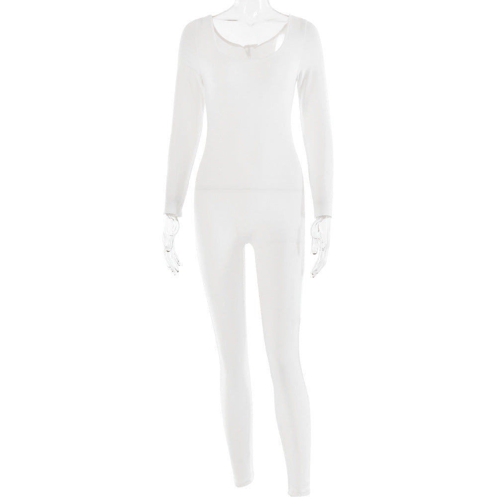 Soft High Elastic Long Sleeve U Collar Jumpsuit