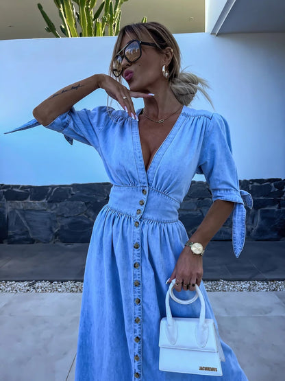Women Clothing Sexy V Neck Long Button Denim Dress