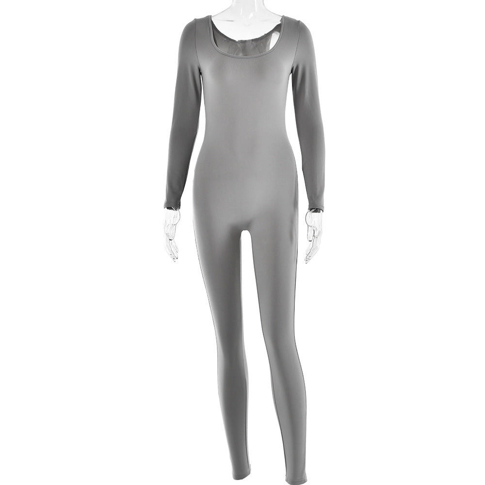 Soft High Elastic Long Sleeve U Collar Jumpsuit