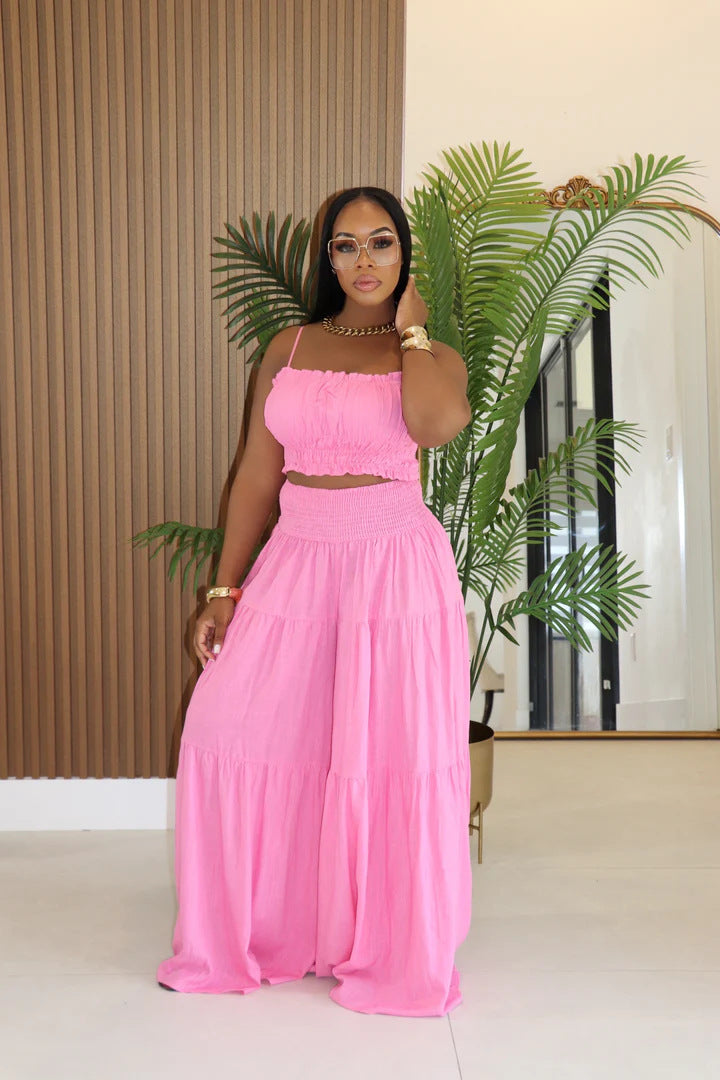 Summer Autumn plus Size Solid Color Suspender Top plus Loose Wide Leg Pants Two Piece Sets