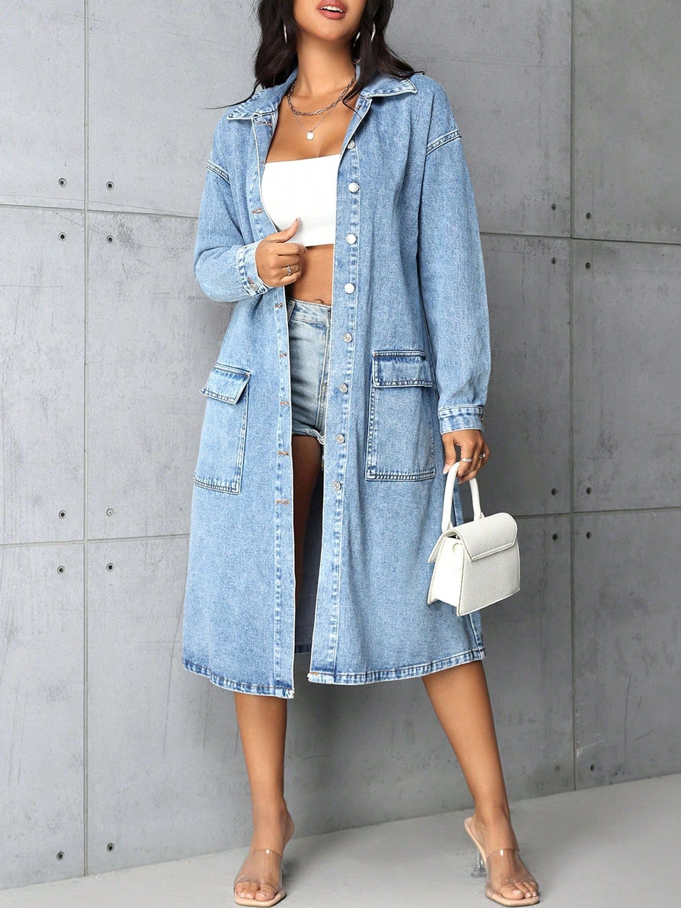 Luxe Long Denim Trench Coat