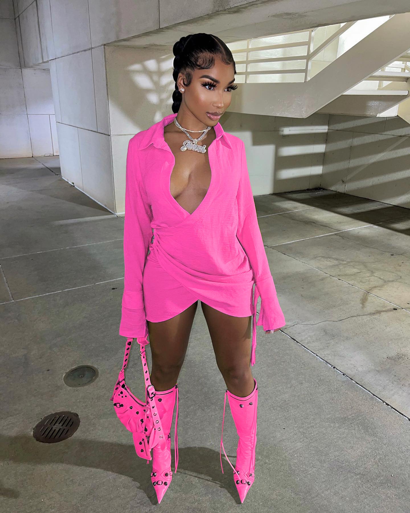 Pleated Criss Cross Shirt Dress