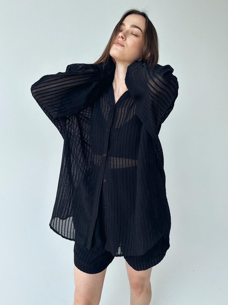 Long Sleeve Vertical Pattern Shirt Shorts Suit