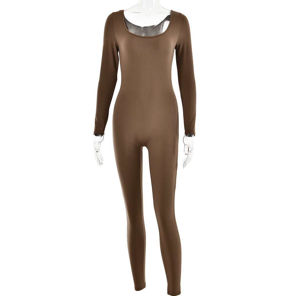 Soft High Elastic Long Sleeve U Collar Jumpsuit