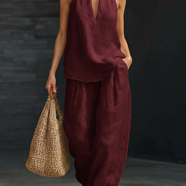 V neck Halter Casual Two Piece Sets