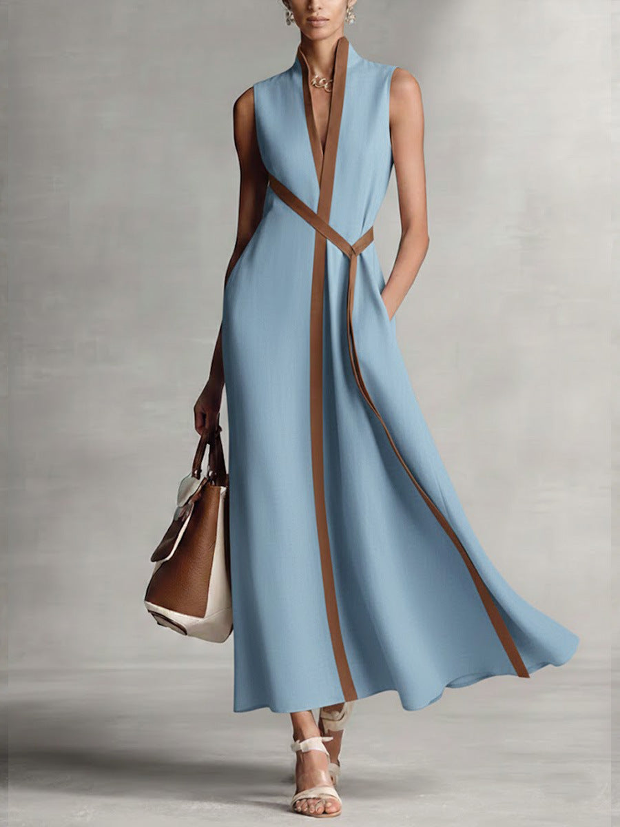Sleeveless Stand Collar Cotton Linen Dress