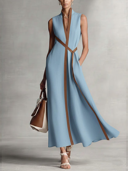Sleeveless Stand Collar Cotton Linen Dress