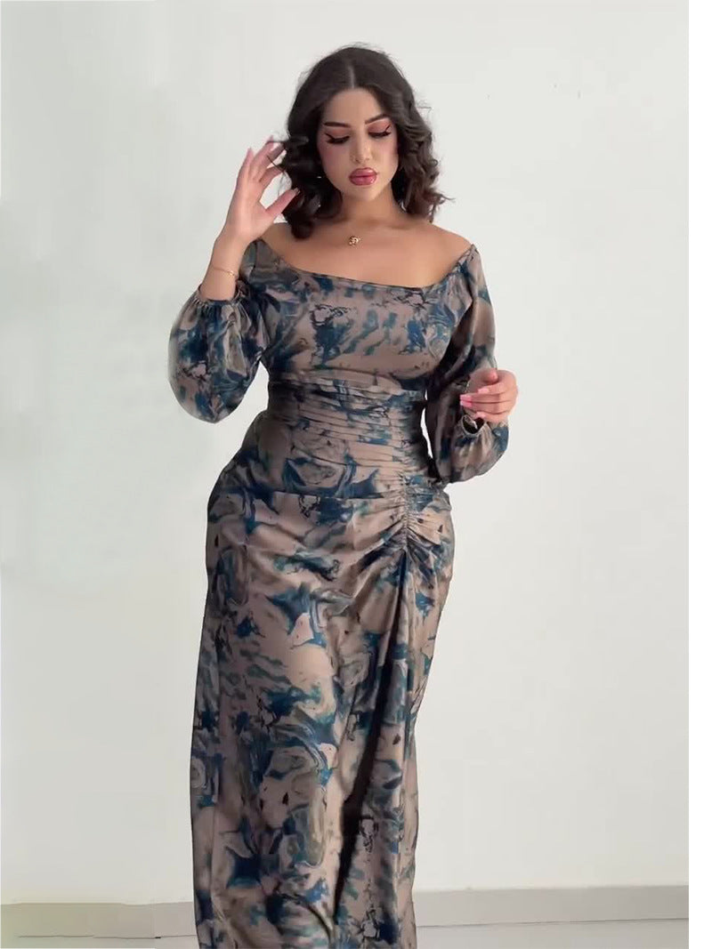 Floral U Shaped Collar long Sleeves Dress