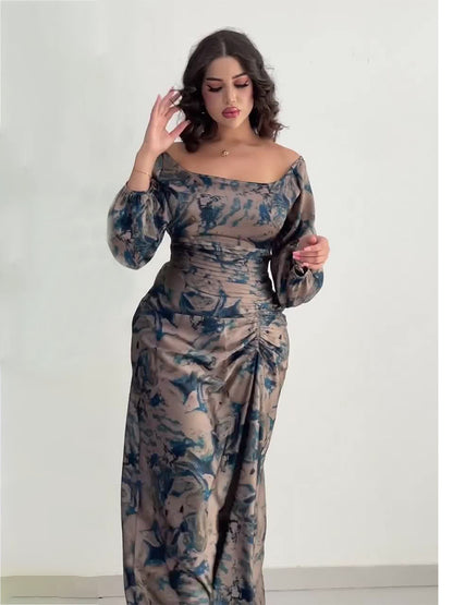 Floral U Shaped Collar long Sleeves Dress