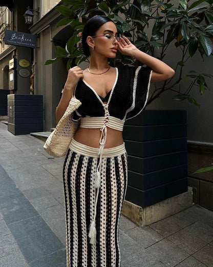 V Neck Hollow Out Striped Knitted Skirt Set