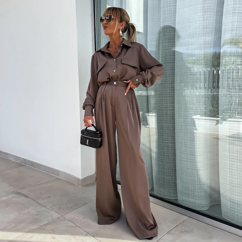 Long Sleeved Faux Pocket Trousers Two Piece Suit