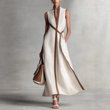 Sleeveless Stand Collar Cotton Linen Dress