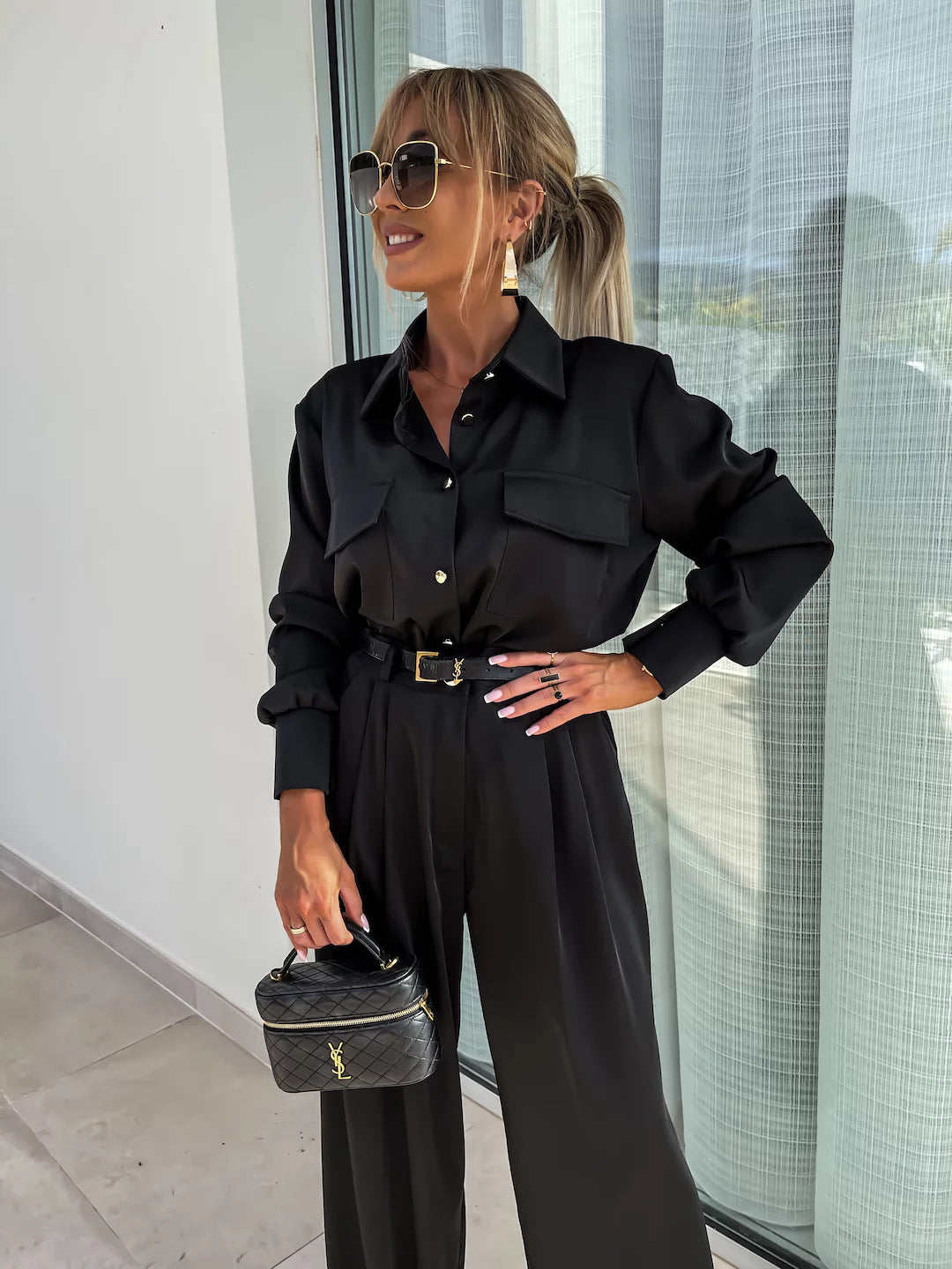 Long Sleeved Faux Pocket Trousers Two Piece Suit