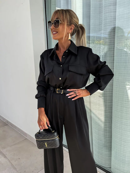 Long Sleeved Faux Pocket Trousers Two Piece Suit