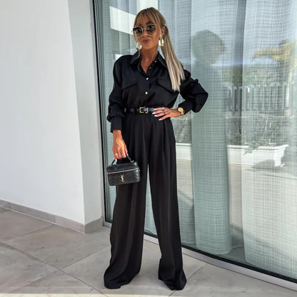 Long Sleeved Faux Pocket Trousers Two Piece Suit