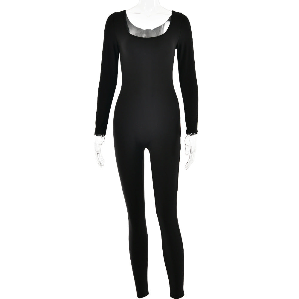 Soft High Elastic Long Sleeve U Collar Jumpsuit