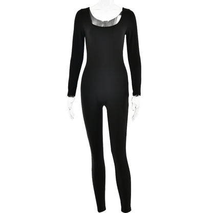 Soft High Elastic Long Sleeve U Collar Jumpsuit