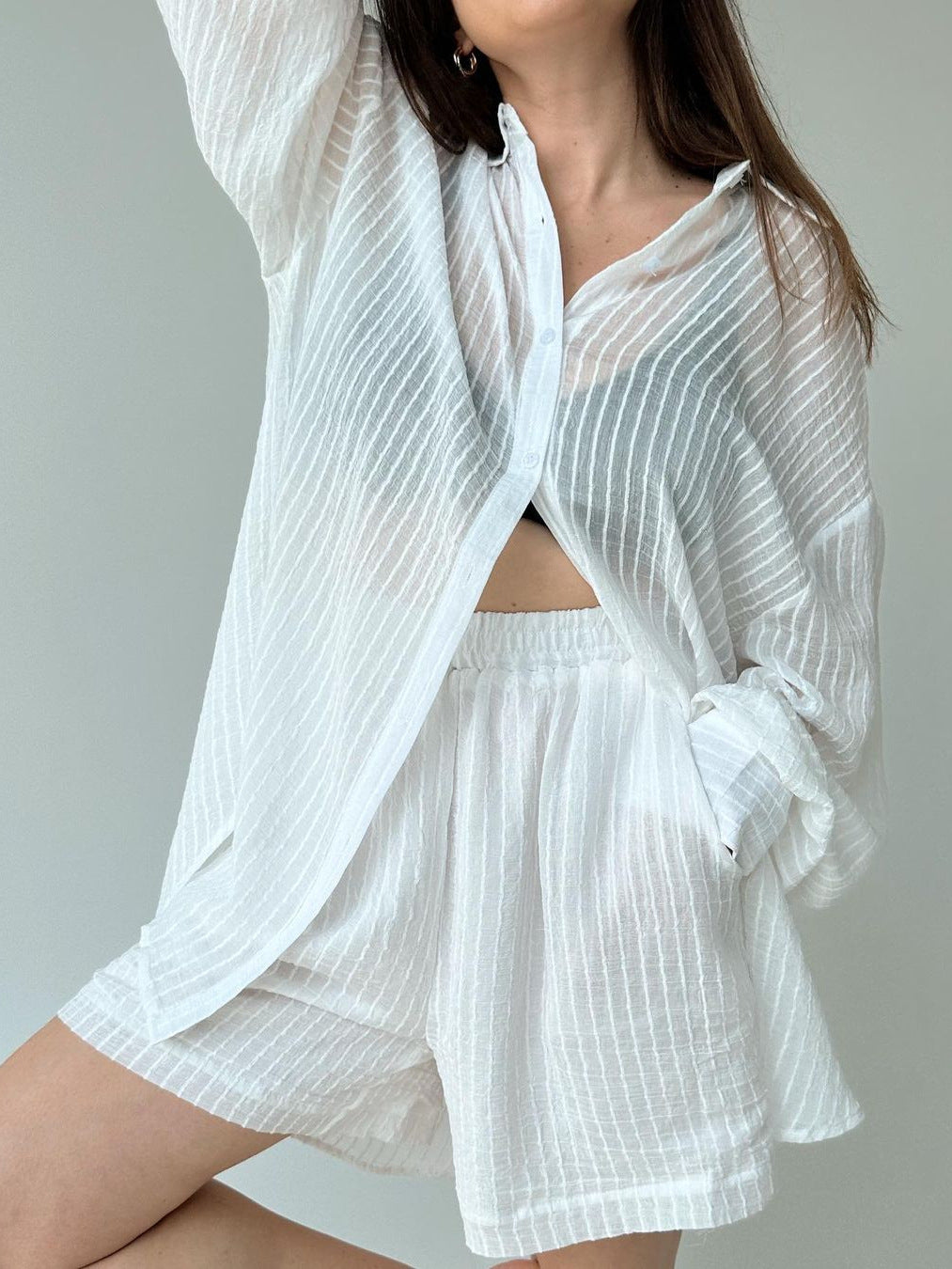 Long Sleeve Vertical Pattern Shirt Shorts Suit