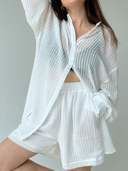 Long Sleeve Vertical Pattern Shirt Shorts Suit