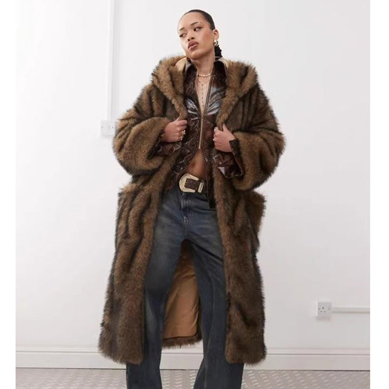 Warm Hooded Fur Trench Coat