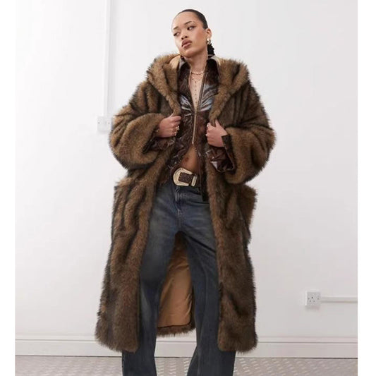 Warm Hooded Fur Trench Coat