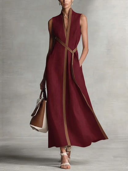 Sleeveless Stand Collar Cotton Linen Dress