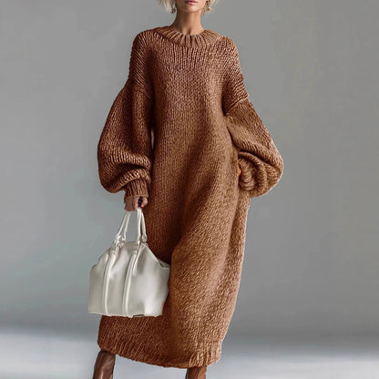 Round Neck Loose Lantern Sleeve Long Knitted Sweater Dress