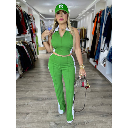 Contrast Color V neck Two Piece Pants Set