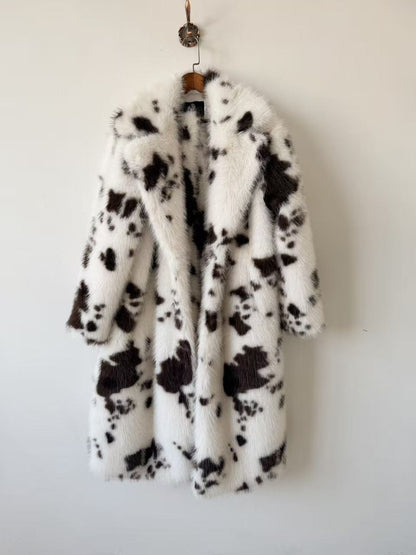 Long Animal Print Faux Fur Plush Coat