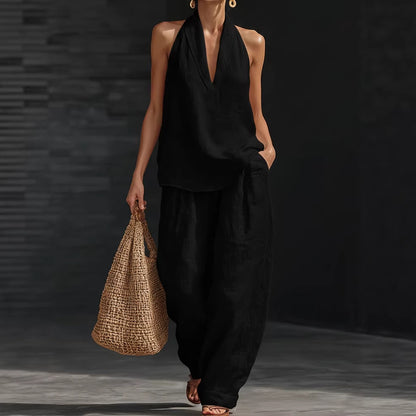 V neck Halter Casual Two Piece Sets
