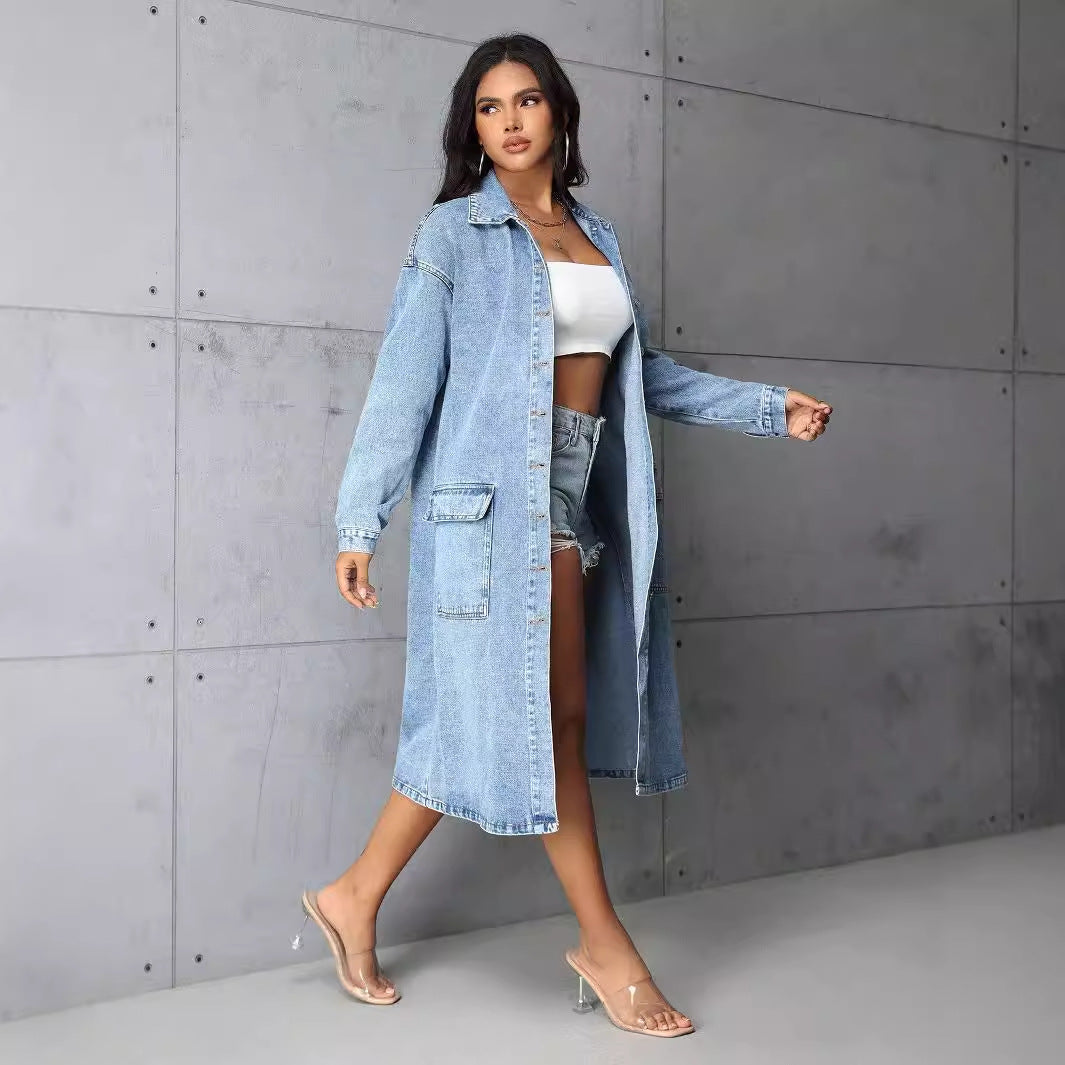 Luxe Long Denim Trench Coat
